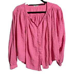 Chicosoleil France Pink Swiss Dot Long Sleeve Puffy Coquette Buttons Blouse Sz M